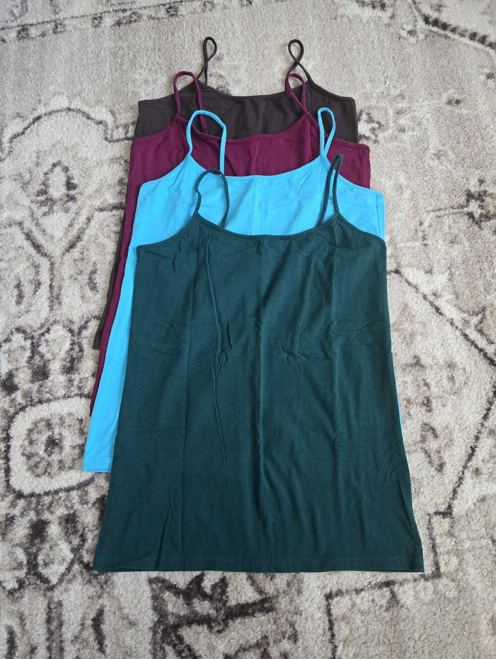Junior's 4-Pack Slim Spaghetti Strap Tank Tops - Green, Teal, Burgundy, Brown